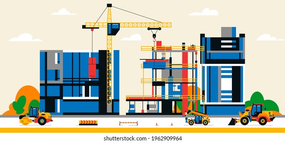 Construction site in the city between city buildings. Building under construction and service equipment. Heavy machinery, commercial vehicles, crane, houses, buildings. Vector illustration.