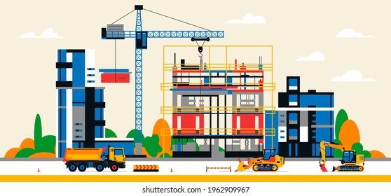 Construction site in the city between city buildings. Building under construction and service equipment. Heavy machinery, commercial vehicles, crane, houses, buildings. Vector illustration.