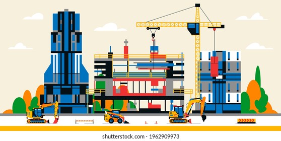Construction site in the city between city buildings. Building under construction and service equipment. Heavy machinery, commercial vehicles, crane, houses, buildings. Vector illustration.