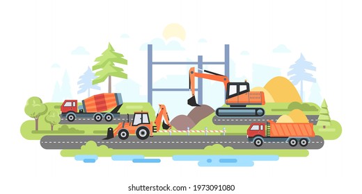 Construction site - colorful flat design style illustration. Images of special vehicles, truck, excavator, backhoe loader, concrete mixer. Excavation of the pit, asphalt laying, driving piles