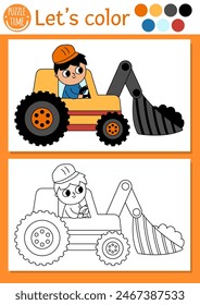 Baustellenfarbseite für Kinder mit Bulldozer Traktor, Fahrer. Vektorgrafik reparieren arbeitet Gliederungsdarstellung. Farbbuch für Kinder mit farbigem Beispiel. Druckbares Arbeitsblatt für Zeichnungsfähigkeiten
