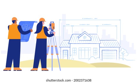 Construction site concept. Architect holds drawing, surveyor does research. Schematic plan of facade of house with measurements. Real estate business. Vector illustration scene with people characters