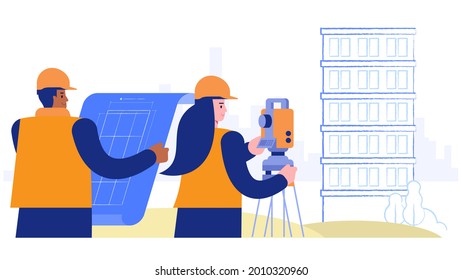 Construction site concept. Architect holds blueprint, surveyor does research. Schematic plan of future multi-storey building. Real estate business. Vector illustration scene with people characters