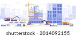 Construction site concept. Builders working on building of house, excavators dig, cranes load blocks, pour concrete from concrete pump, make foundation. Vector illustration scene with tiny characters