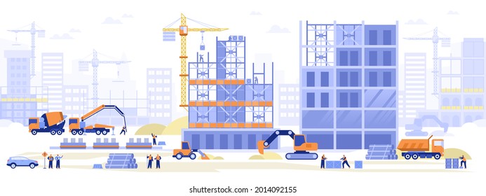 Construction site concept. Builders working on building of house, excavators dig, cranes load blocks, pour concrete from concrete pump, make foundation. Vector illustration scene with tiny characters