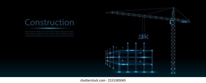 Construction site concept. Building work process with construction equipment in dark blue background. High tower crane holding slab. Abstract vector illustration. Low poly wireframe