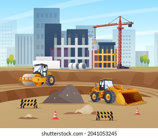 Construction site concept with compactor, wheel loader and material equipment vector illustration svg
