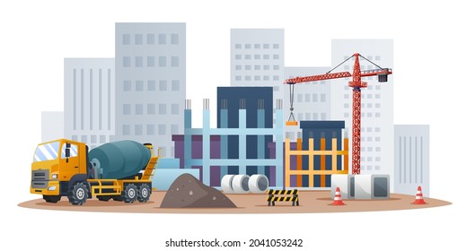 Construction site concept with concrete mixer truck and material equipment illustration