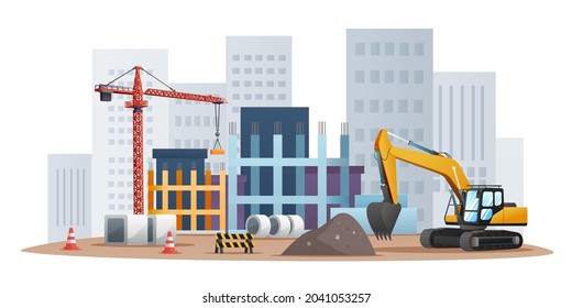 Construction site concept with excavator and material equipment illustration