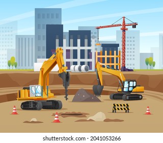 Construction site concept with excavators and material equipment cartoon illustration