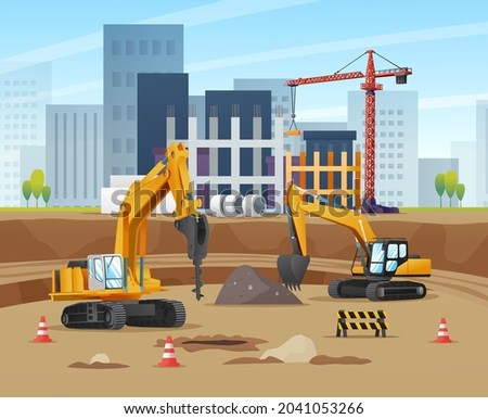 Construction site concept with excavators and material equipment cartoon illustration