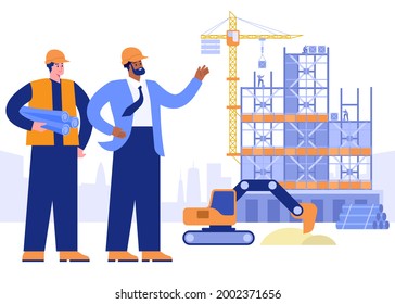 Construction site concept. Foreman and architect with project plans looking at building house. Builders assembles metal structures, excavator digs. Vector illustration scene with people characters