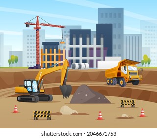 Construction site concept with truck, excavator and material equipment illustration