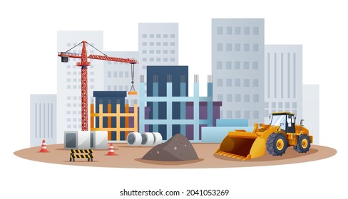 Construction site concept with wheel loader and material equipment illustration