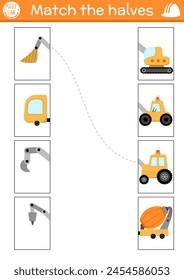 Construction site connect the halves worksheet.  Building works matching game for preschool children bulldozer, concrete mixer, truck, tractor. Match back and front activity with industrial cars
