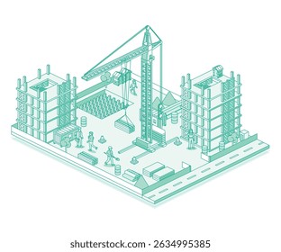 Construction site with crane, builders and skyscraper. Process of building a multi-storey building. Vector illustration in outline style. Isometric view of a monolithic frame building.