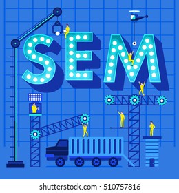 Construction site crane building SEM text meanning search engine Marketing. Vector illustration template design