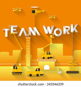 Construction site crane building Teamwork text, Vector illustration template design