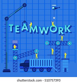 Construction site crane building Teamwork text, Vector illustration template design