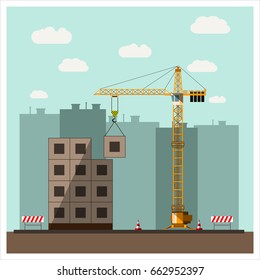 Construction site. Crane builds the apartment building. Construction equipment. Flat design. Vector illustration.