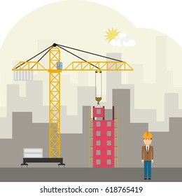 Construction site with a crane. Flat design, vector illustration, vector.