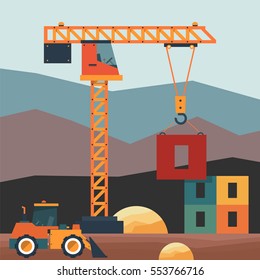 Construction site with crane and forklift. Vector illustration in flat style.