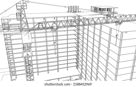 sitio de construcción con esbozo de la línea de ilustración de la grúa y la estructura del cuadro