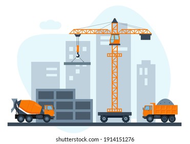 Construction site with crane and heavy construction equipment. Building house in city. Vector illustration.