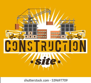 Construction site. Crane lifting concrete slabs. Lettering on the isolated background. Crane Truck. Unfinished house. Vector illustration. Flat style 
