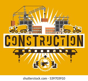 Construction site. Crane lifting concrete slabs. Lettering on the isolated background. Concrete mixer. Construction machinery. Logo building tools. Unfinished house. Vector illustration. Flat style 