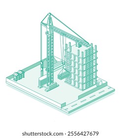 Construction site with crane and skyscraper. Process of building multi-storey building. Industrial technology. Vector illustration. Outline style. Isometric monolithic frame building and tower crane.