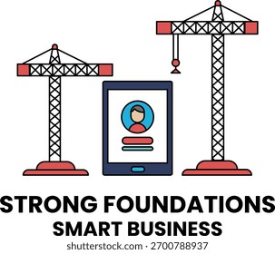 Eine Baustelle mit einem Kran und einem Tablett mit einer Person darauf. Das Bild heißt "Strong Foundations Smart Business".