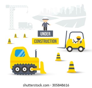 Construction site with crane, truck, loader, bulldozer and workers in flat style. Cityscape with skyscrapers silhouette on white vector background