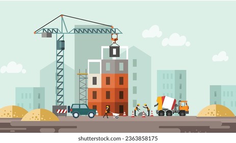 Construcción con grúa, camión, trabajadores y jeep