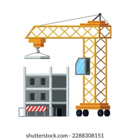 Lugar de construcción con grúa e ilustración plana vectorial inconclusa