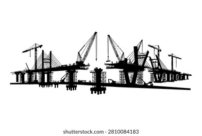 Construction site with cranes and bridge under development black silhouette