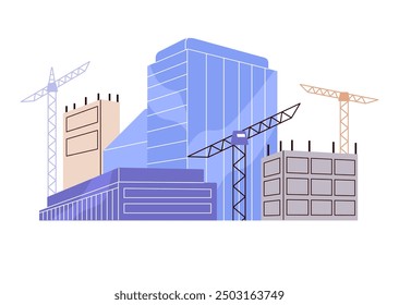 Construction site with cranes and skyscrapers. Machineries build urban highrise houses, office buildings. Equipment to construct city. Modern cityscape. Flat isolated vector illustration on white