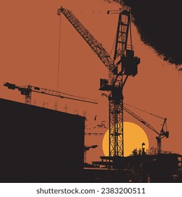 Construction site cranes sunset silhouette