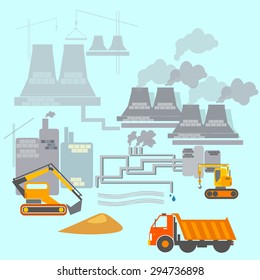 Construction construction site creation buildings factories excavator vector illustration 