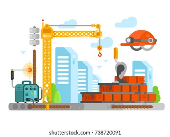 Construction site design with bricks. Crane and build industry, material work process, welding and masonry, vector illustration