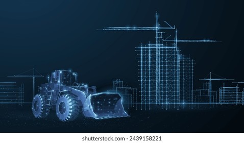 Construction site. Digital architecture, building design, urban development, industrial equipment, construction innovation, modern skyline, concrete structure concept. Abstract polygonal illustration