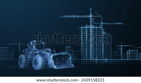 Construction site. Digital architecture, building design, urban development, industrial equipment, construction innovation, modern skyline, concrete structure concept. Abstract polygonal illustration