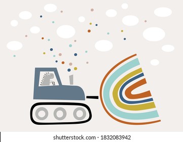 Construction site. Dinosaur driving on the bulldozer