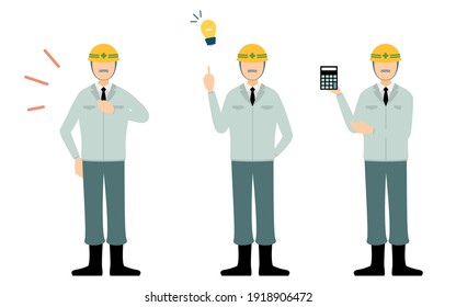Construction site director pose set, senior man