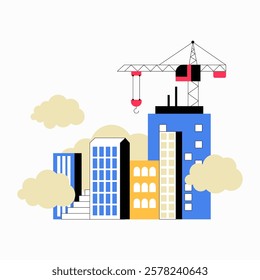 Construction Site With Dust And Crane In Flat Vector Illustration Symbolizing Air Pollution, Urban Development, And Environmental Impact, Isolated On White Background.