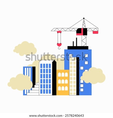 Construction Site With Dust And Crane In Flat Vector Illustration Symbolizing Air Pollution, Urban Development, And Environmental Impact, Isolated On White Background.