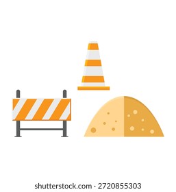 Elementos del sitio de construcción con el cono de la barrera y la pila de arena