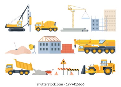 Construction site elements. Material piles, sand and pipes, brick building and machinery. Cement mixer truck, bulldozer and crane vector set. Illustration construction site, stone heap and pipe