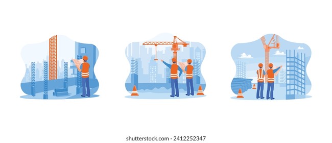 Construction site engineer concept. Civil architect engineer with construction plans. Checking work on a construction site. set flat vector modern illustration 