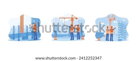 Construction site engineer concept. Civil architect engineer with construction plans. Checking work on a construction site. set flat vector modern illustration 